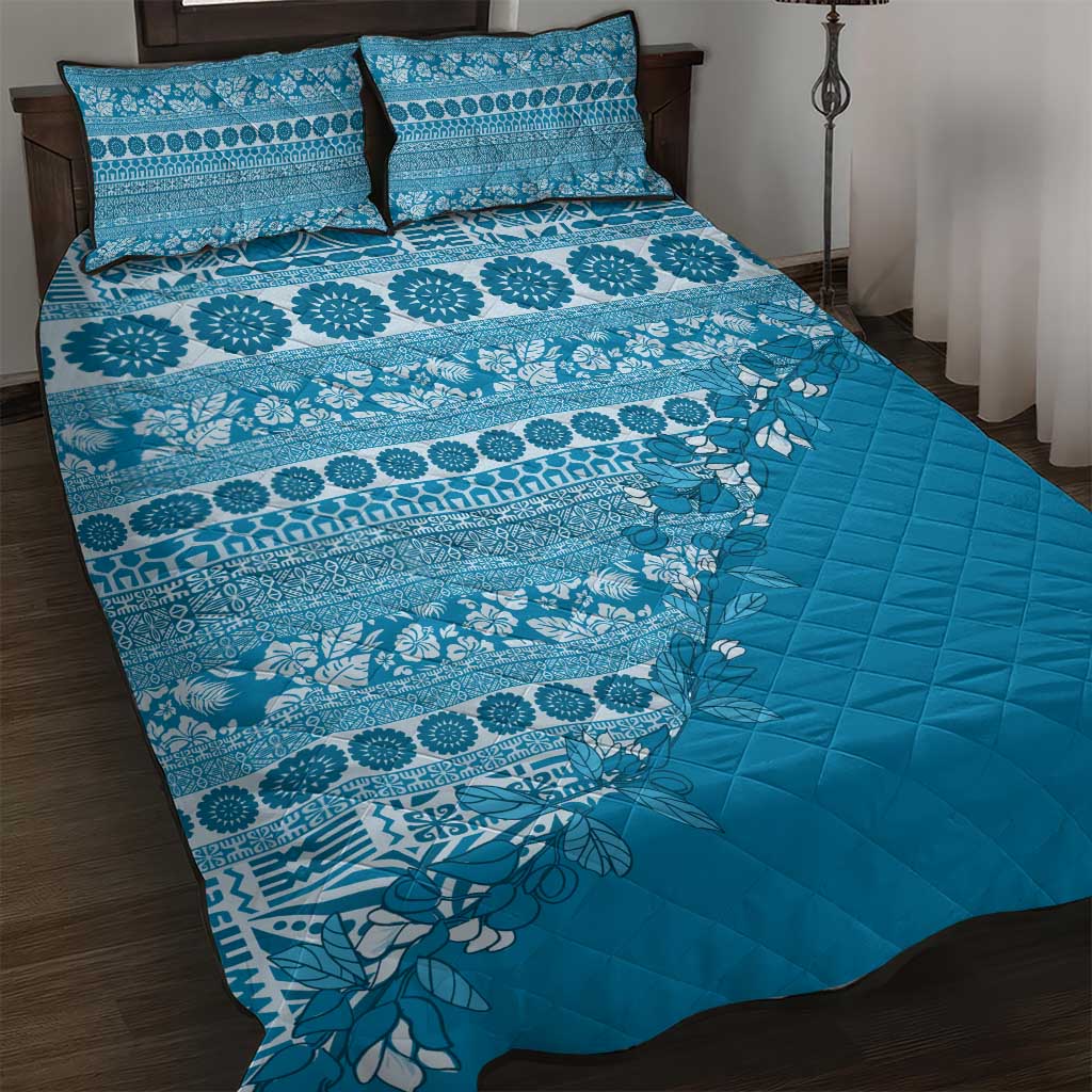 Fiji Marau na Kerisimasi Quilt Bed Set Aqua Tagimoucia Tapa Masi Tribal - Polynesian Pride
