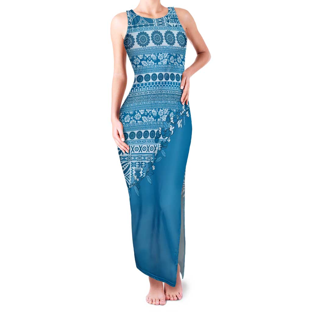 Fiji Marau na Kerisimasi Tank Maxi Dress Aqua Tagimoucia Tapa Masi Tribal - Polynesian Pride