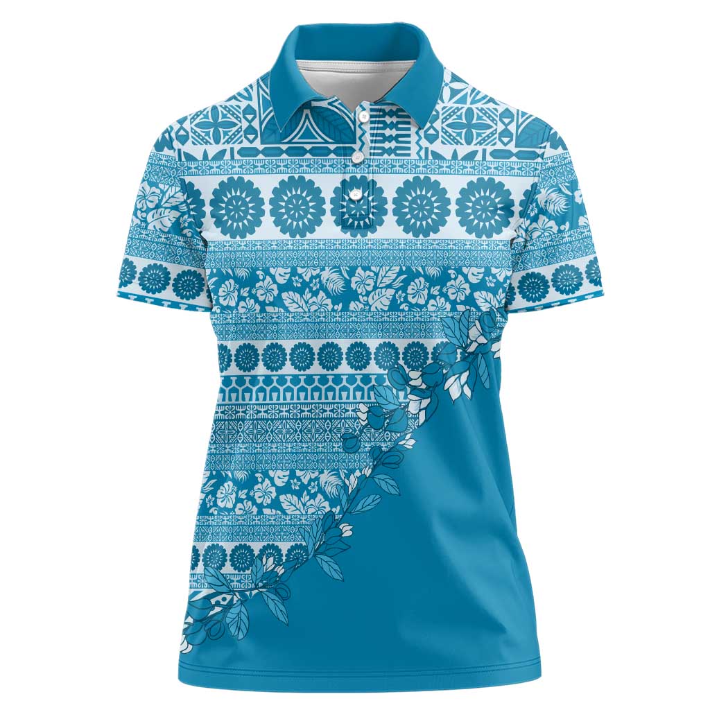 Fiji Marau na Kerisimasi Women Polo Shirt Aqua Tagimoucia Tapa Masi Tribal - Polynesian Pride