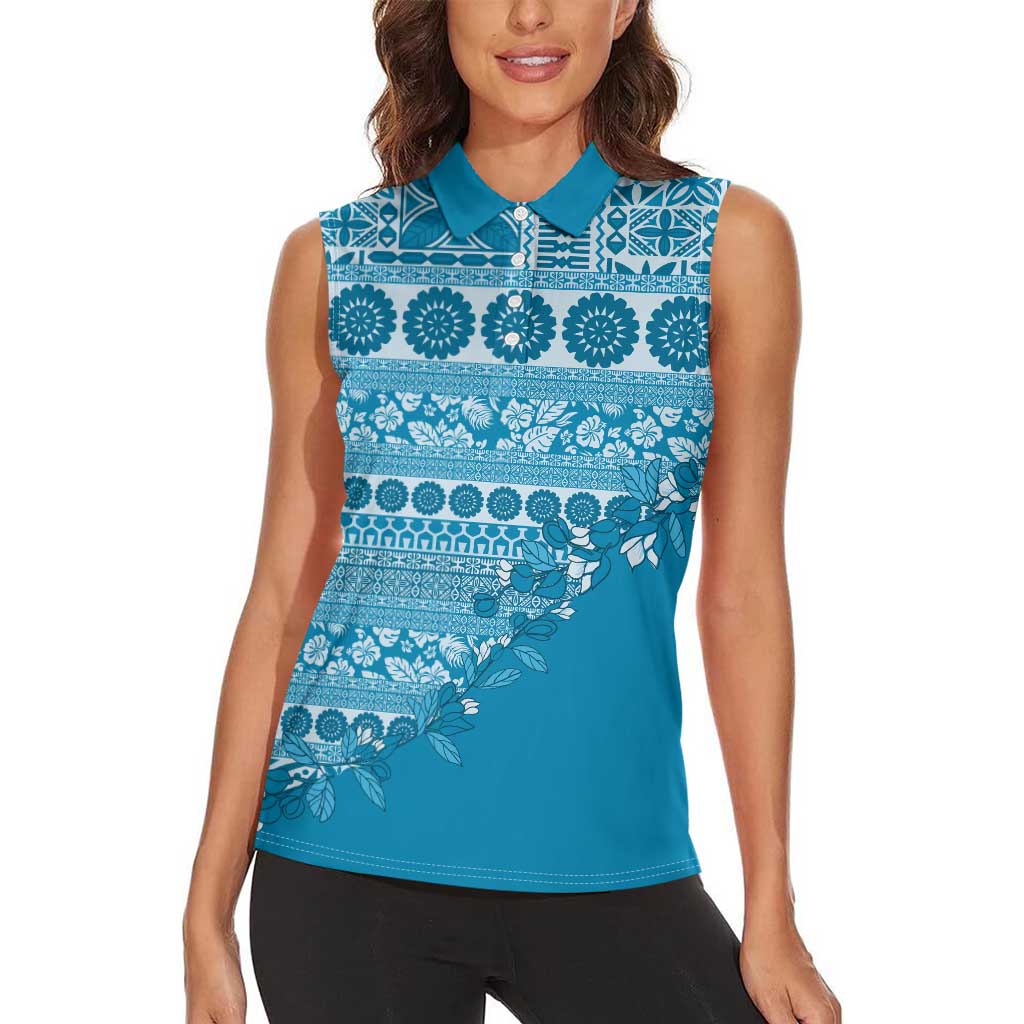 Fiji Marau na Kerisimasi Women Sleeveless Polo Shirt Aqua Tagimoucia Tapa Masi Tribal LT9 - Polynesian Pride