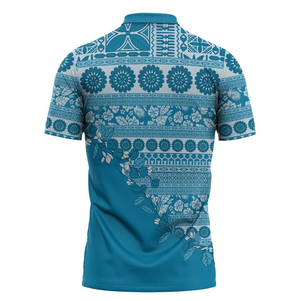 Fiji Marau na Kerisimasi Zipper Polo Shirt Aqua Tagimoucia Tapa Masi Tribal LT9 - Polynesian Pride