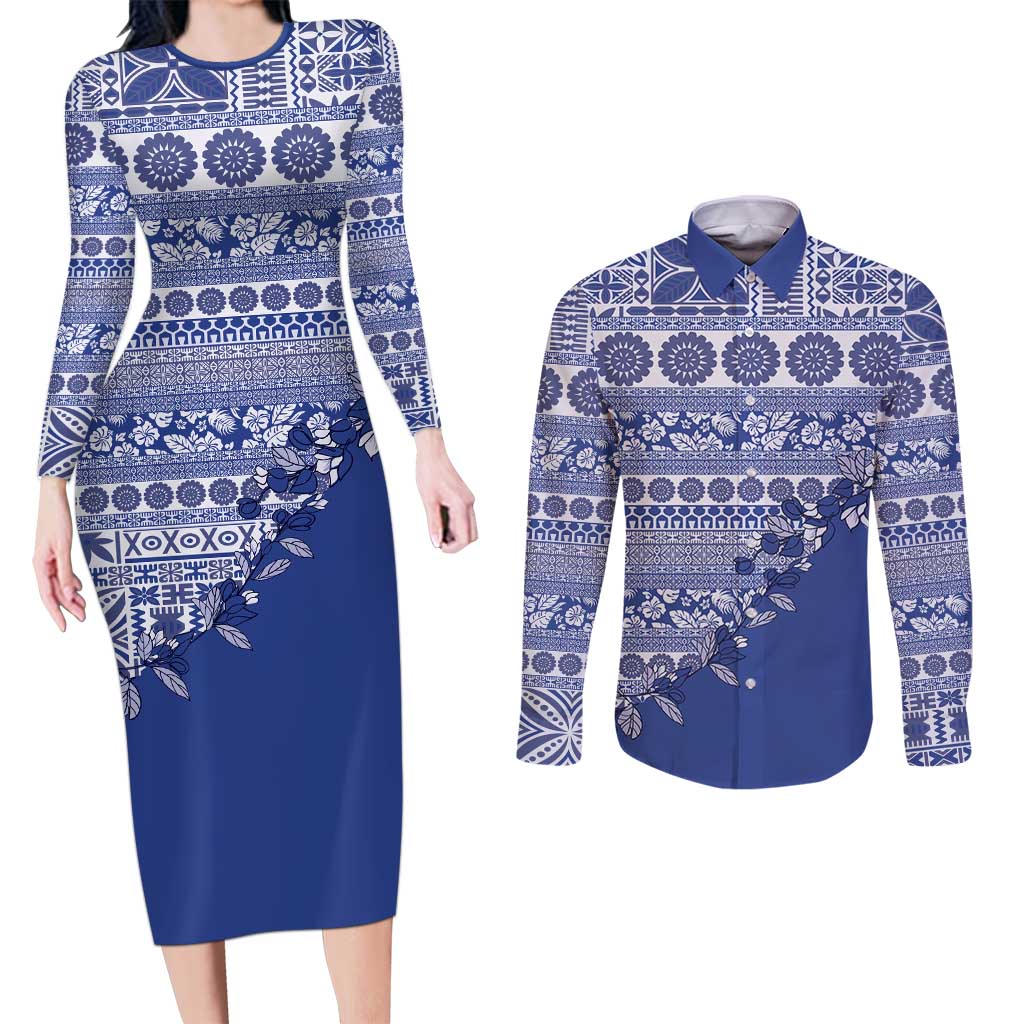 Fiji Marau na Kerisimasi Couples Matching Long Sleeve Bodycon Dress and Long Sleeve Button Shirt Blue Tagimoucia Tapa Masi Tribal LT9 Blue - Polynesian Pride