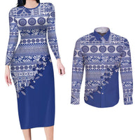 Fiji Marau na Kerisimasi Couples Matching Long Sleeve Bodycon Dress and Long Sleeve Button Shirt Blue Tagimoucia Tapa Masi Tribal LT9 Blue - Polynesian Pride