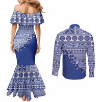 Fiji Marau na Kerisimasi Couples Matching Mermaid Dress and Long Sleeve Button Shirt Blue Tagimoucia Tapa Masi Tribal LT9 - Polynesian Pride