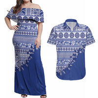 Fiji Marau na Kerisimasi Couples Matching Off Shoulder Maxi Dress and Hawaiian Shirt Blue Tagimoucia Tapa Masi Tribal LT9 Blue - Polynesian Pride