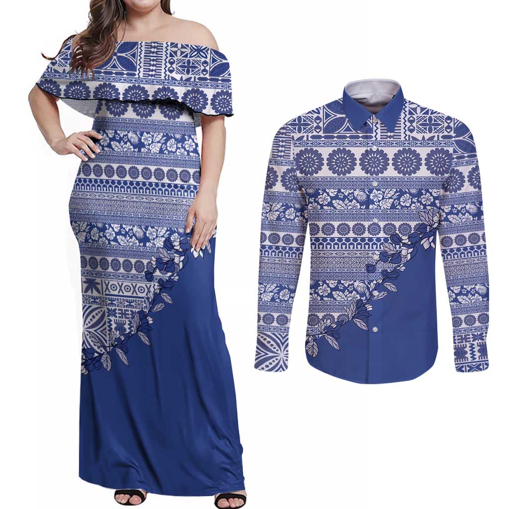 Fiji Marau na Kerisimasi Couples Matching Off Shoulder Maxi Dress and Long Sleeve Button Shirt Blue Tagimoucia Tapa Masi Tribal LT9 Blue - Polynesian Pride