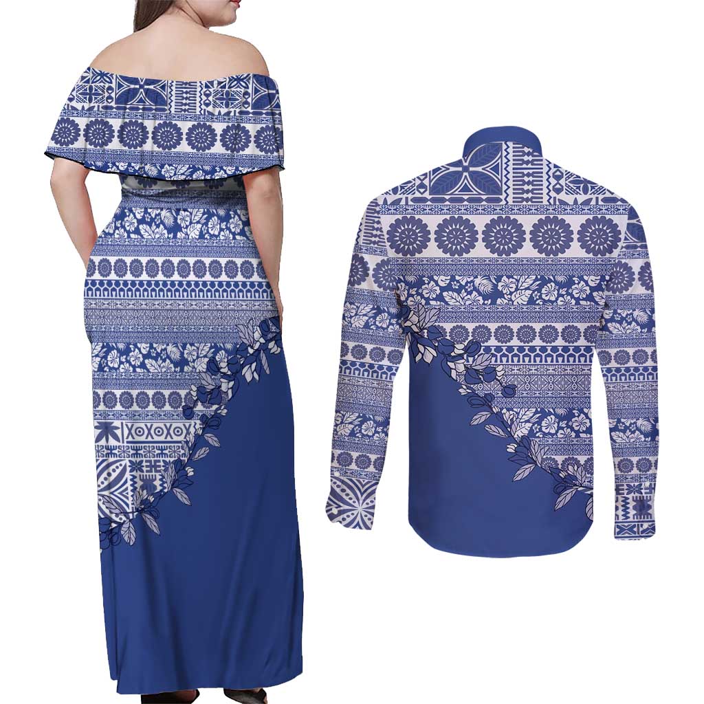 Fiji Marau na Kerisimasi Couples Matching Off Shoulder Maxi Dress and Long Sleeve Button Shirt Blue Tagimoucia Tapa Masi Tribal LT9 - Polynesian Pride