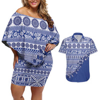 Fiji Marau na Kerisimasi Couples Matching Off Shoulder Short Dress and Hawaiian Shirt Blue Tagimoucia Tapa Masi Tribal LT9 Blue - Polynesian Pride