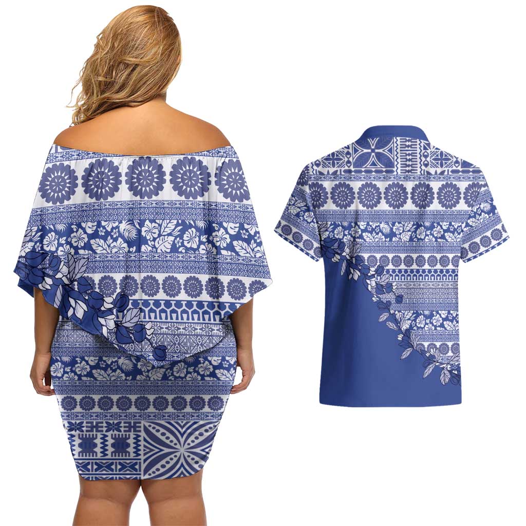 Fiji Marau na Kerisimasi Couples Matching Off Shoulder Short Dress and Hawaiian Shirt Blue Tagimoucia Tapa Masi Tribal LT9 - Polynesian Pride