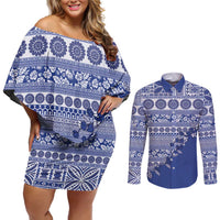 Fiji Marau na Kerisimasi Couples Matching Off Shoulder Short Dress and Long Sleeve Button Shirt Blue Tagimoucia Tapa Masi Tribal LT9 Blue - Polynesian Pride