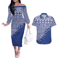 Fiji Marau na Kerisimasi Couples Matching Off The Shoulder Long Sleeve Dress and Hawaiian Shirt Blue Tagimoucia Tapa Masi Tribal LT9 Blue - Polynesian Pride
