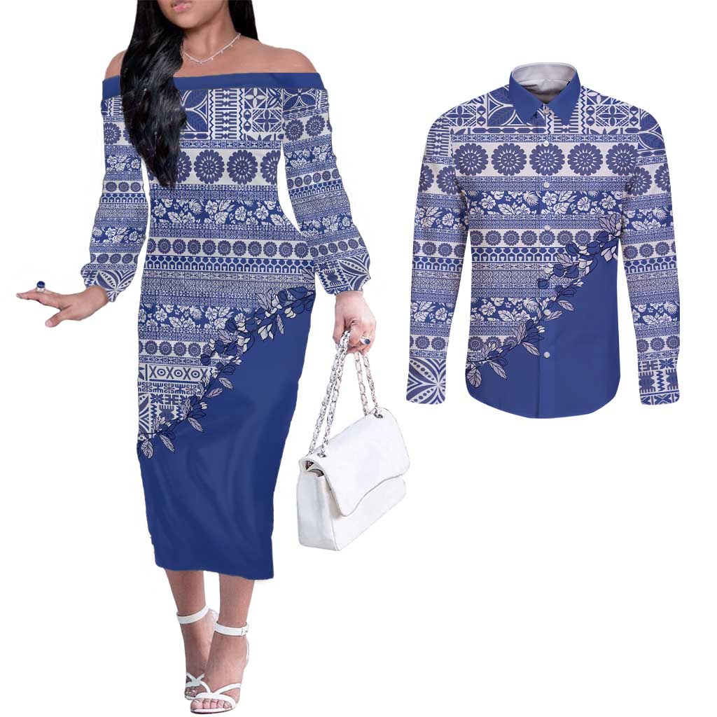 Fiji Marau na Kerisimasi Couples Matching Off The Shoulder Long Sleeve Dress and Long Sleeve Button Shirt Blue Tagimoucia Tapa Masi Tribal LT9 Blue - Polynesian Pride