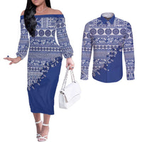 Fiji Marau na Kerisimasi Couples Matching Off The Shoulder Long Sleeve Dress and Long Sleeve Button Shirt Blue Tagimoucia Tapa Masi Tribal LT9 Blue - Polynesian Pride