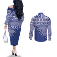 Fiji Marau na Kerisimasi Couples Matching Off The Shoulder Long Sleeve Dress and Long Sleeve Button Shirt Blue Tagimoucia Tapa Masi Tribal LT9 - Polynesian Pride