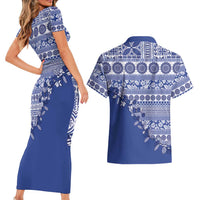 Fiji Marau na Kerisimasi Couples Matching Short Sleeve Bodycon Dress and Hawaiian Shirt Blue Tagimoucia Tapa Masi Tribal LT9 - Polynesian Pride