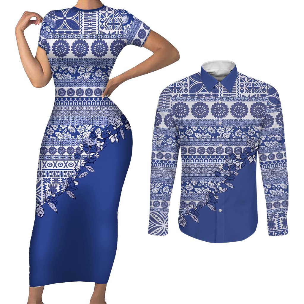 Fiji Marau na Kerisimasi Couples Matching Short Sleeve Bodycon Dress and Long Sleeve Button Shirt Blue Tagimoucia Tapa Masi Tribal - Polynesian Pride