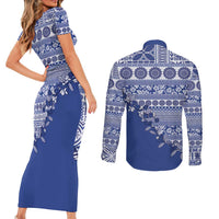 Fiji Marau na Kerisimasi Couples Matching Short Sleeve Bodycon Dress and Long Sleeve Button Shirt Blue Tagimoucia Tapa Masi Tribal LT9 - Polynesian Pride