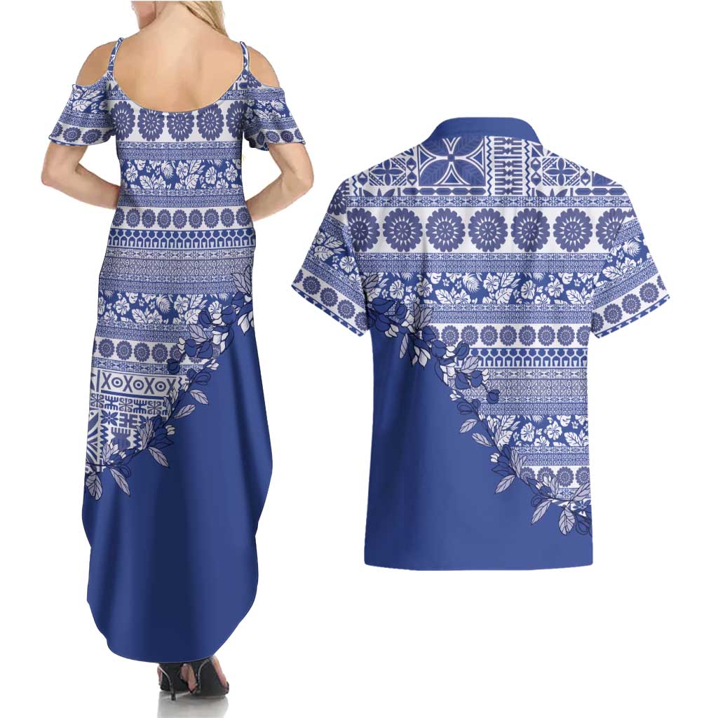 Fiji Marau na Kerisimasi Couples Matching Summer Maxi Dress and Hawaiian Shirt Blue Tagimoucia Tapa Masi Tribal LT9 - Polynesian Pride