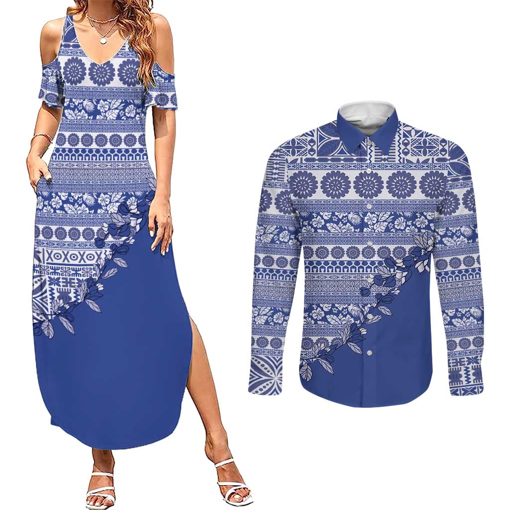 Fiji Marau na Kerisimasi Couples Matching Summer Maxi Dress and Long Sleeve Button Shirt Blue Tagimoucia Tapa Masi Tribal - Polynesian Pride
