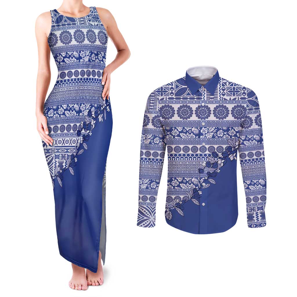 Fiji Marau na Kerisimasi Couples Matching Tank Maxi Dress and Long Sleeve Button Shirt Blue Tagimoucia Tapa Masi Tribal LT9 Blue - Polynesian Pride