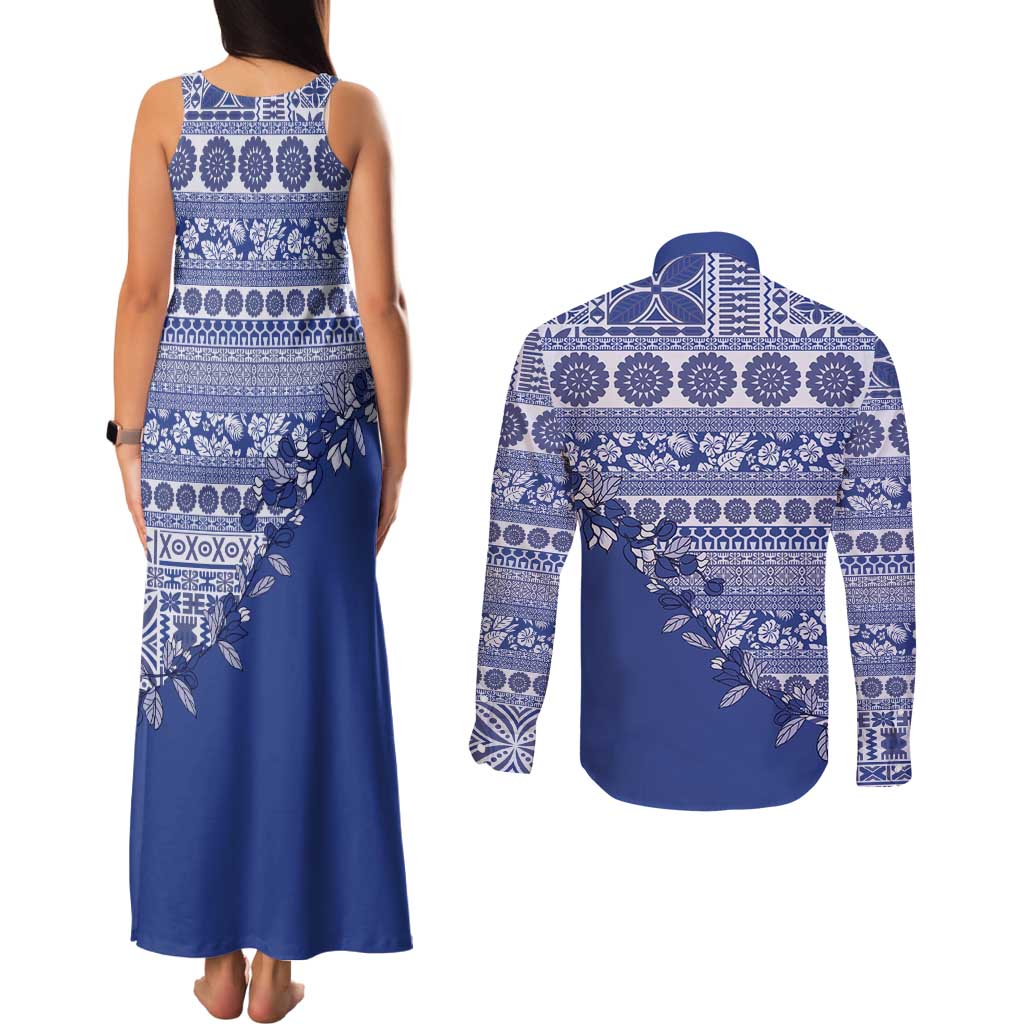 Fiji Marau na Kerisimasi Couples Matching Tank Maxi Dress and Long Sleeve Button Shirt Blue Tagimoucia Tapa Masi Tribal LT9 - Polynesian Pride