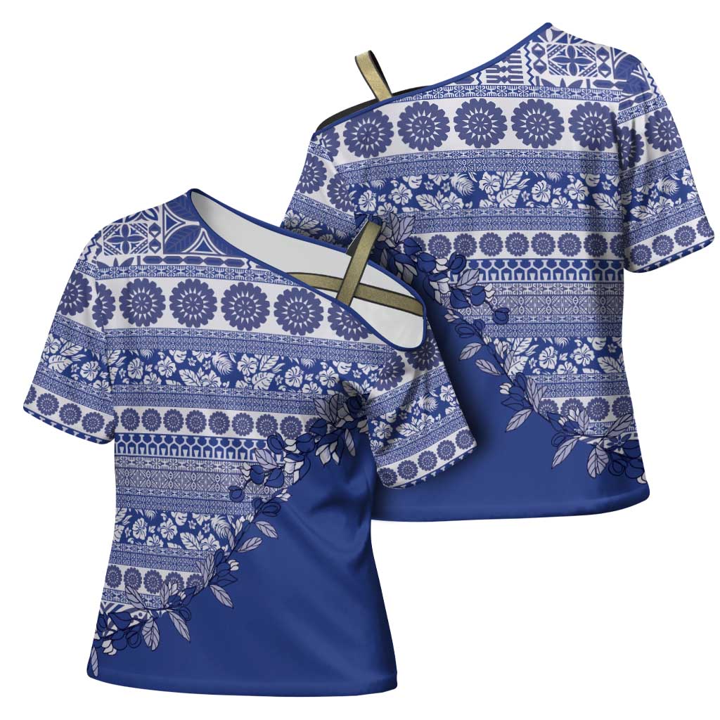 Fiji Marau na Kerisimasi Cross Shoulder Shirt Blue Tagimoucia Tapa Masi Tribal - Polynesian Pride