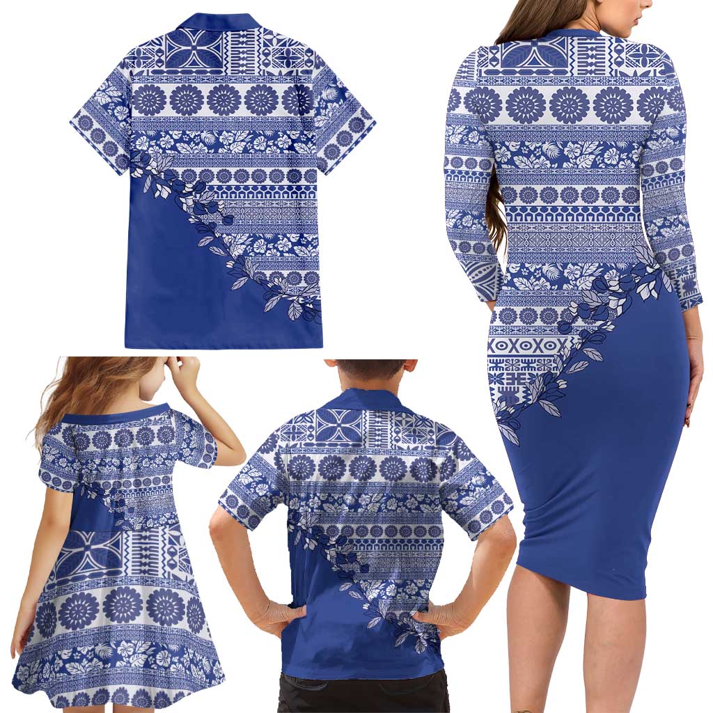 Fiji Marau na Kerisimasi Family Matching Long Sleeve Bodycon Dress and Hawaiian Shirt Blue Tagimoucia Tapa Masi Tribal LT9 - Polynesian Pride