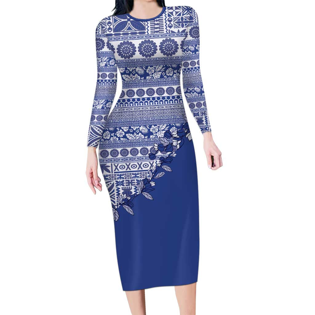 Fiji Marau na Kerisimasi Family Matching Long Sleeve Bodycon Dress and Hawaiian Shirt Blue Tagimoucia Tapa Masi Tribal LT9 Mom's Dress Blue - Polynesian Pride
