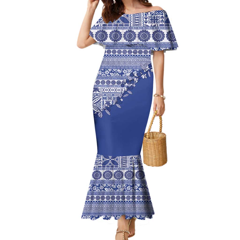 Fiji Marau na Kerisimasi Family Matching Mermaid Dress and Hawaiian Shirt Blue Tagimoucia Tapa Masi Tribal LT9 Mom's Dress Blue - Polynesian Pride