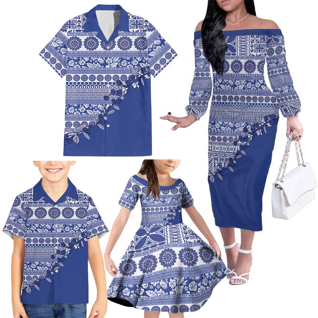 Fiji Marau na Kerisimasi Family Matching Off The Shoulder Long Sleeve Dress and Hawaiian Shirt Blue Tagimoucia Tapa Masi Tribal LT9 - Polynesian Pride