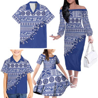 Fiji Marau na Kerisimasi Family Matching Off The Shoulder Long Sleeve Dress and Hawaiian Shirt Blue Tagimoucia Tapa Masi Tribal LT9 - Polynesian Pride