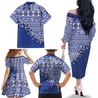 Fiji Marau na Kerisimasi Family Matching Off The Shoulder Long Sleeve Dress and Hawaiian Shirt Blue Tagimoucia Tapa Masi Tribal LT9 - Polynesian Pride