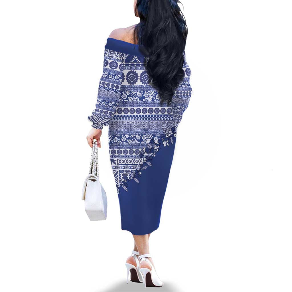 Fiji Marau na Kerisimasi Family Matching Off The Shoulder Long Sleeve Dress and Hawaiian Shirt Blue Tagimoucia Tapa Masi Tribal LT9 - Polynesian Pride
