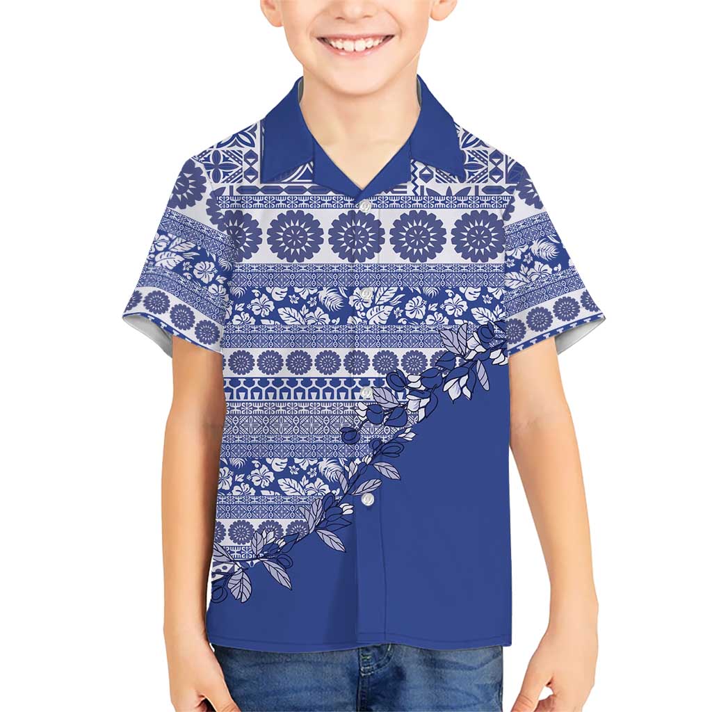 Fiji Marau na Kerisimasi Family Matching Off The Shoulder Long Sleeve Dress and Hawaiian Shirt Blue Tagimoucia Tapa Masi Tribal LT9 Son's Shirt Blue - Polynesian Pride