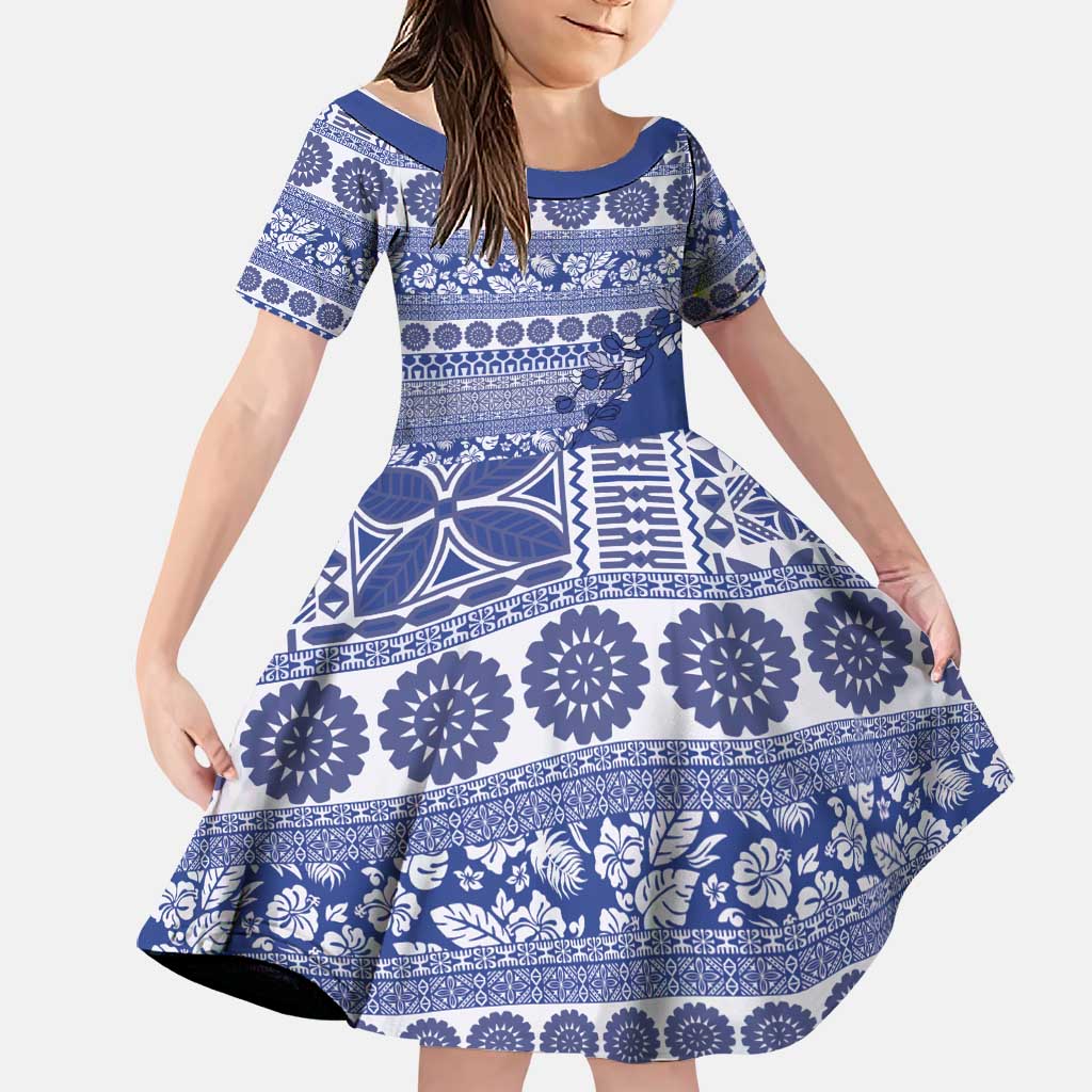 Fiji Marau na Kerisimasi Family Matching Off Shoulder Maxi Dress and Hawaiian Shirt Blue Tagimoucia Tapa Masi Tribal LT9 Daughter's Dress Blue - Polynesian Pride