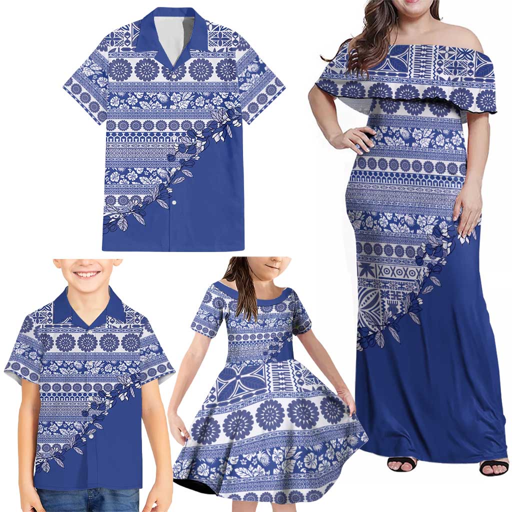 Fiji Marau na Kerisimasi Family Matching Off Shoulder Maxi Dress and Hawaiian Shirt Blue Tagimoucia Tapa Masi Tribal LT9 - Polynesian Pride