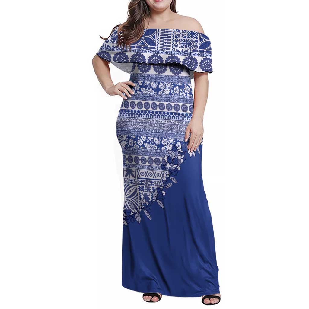 Fiji Marau na Kerisimasi Family Matching Off Shoulder Maxi Dress and Hawaiian Shirt Blue Tagimoucia Tapa Masi Tribal LT9 Mom's Dress Blue - Polynesian Pride
