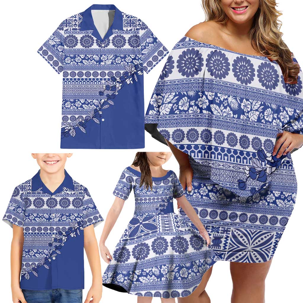 Fiji Marau na Kerisimasi Family Matching Off Shoulder Short Dress and Hawaiian Shirt Blue Tagimoucia Tapa Masi Tribal LT9 - Polynesian Pride
