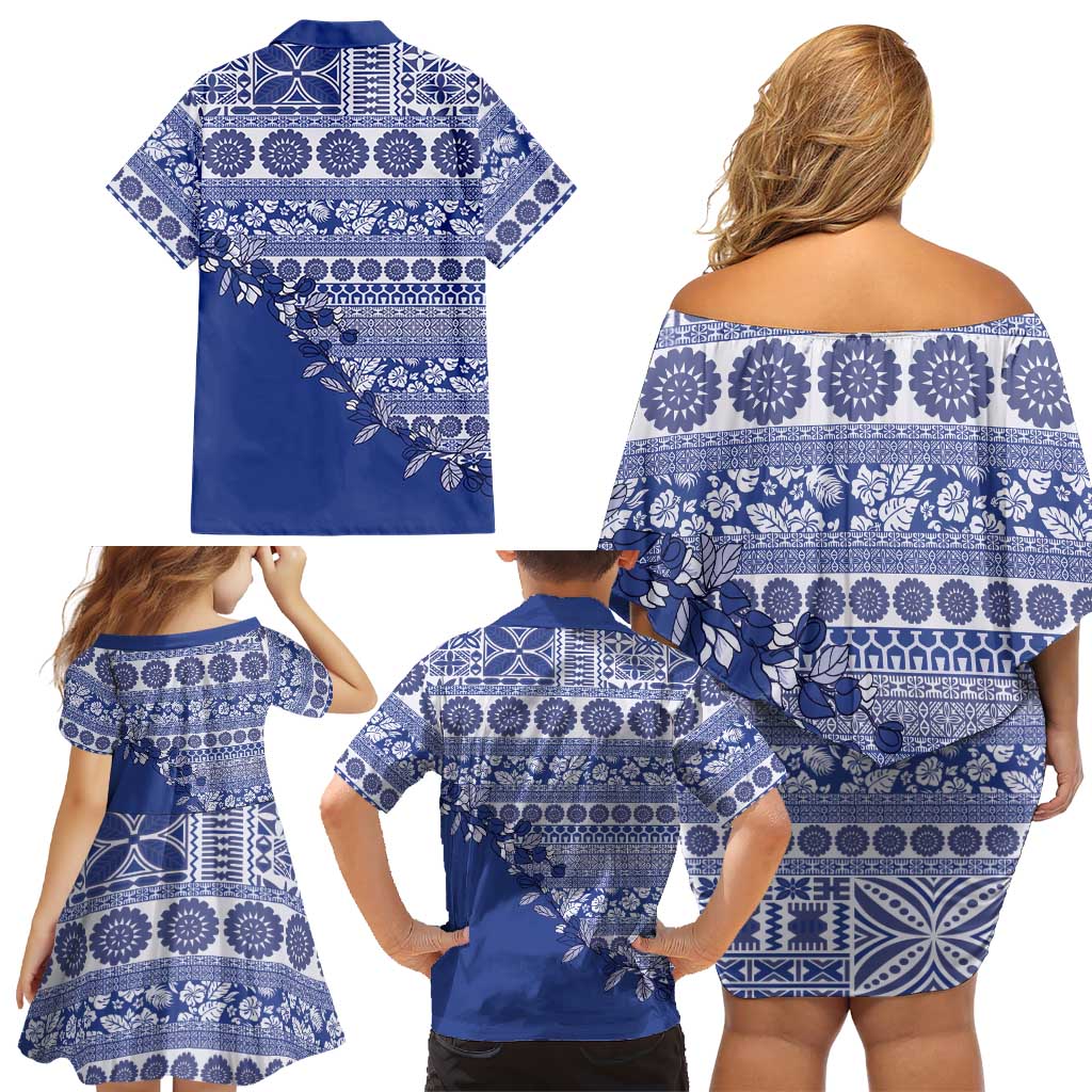 Fiji Marau na Kerisimasi Family Matching Off Shoulder Short Dress and Hawaiian Shirt Blue Tagimoucia Tapa Masi Tribal LT9 - Polynesian Pride