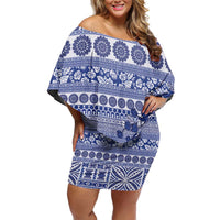 Fiji Marau na Kerisimasi Family Matching Off Shoulder Short Dress and Hawaiian Shirt Blue Tagimoucia Tapa Masi Tribal LT9 Mom's Dress Blue - Polynesian Pride