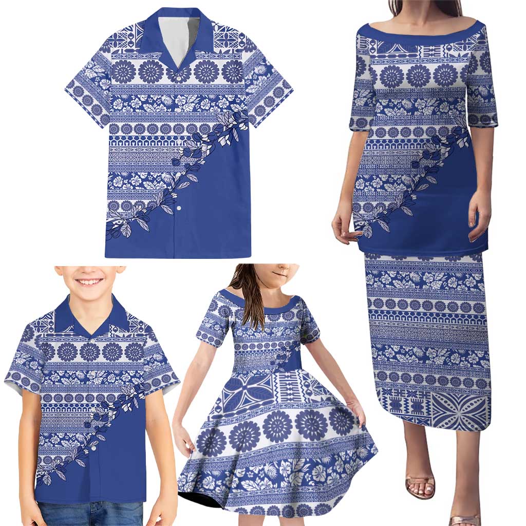 Fiji Marau na Kerisimasi Family Matching Puletasi and Hawaiian Shirt Blue Tagimoucia Tapa Masi Tribal LT9 - Polynesian Pride