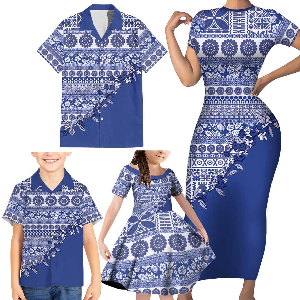 Fiji Marau na Kerisimasi Family Matching Short Sleeve Bodycon Dress and Hawaiian Shirt Blue Tagimoucia Tapa Masi Tribal - Polynesian Pride