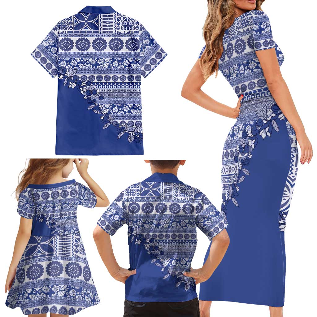 Fiji Marau na Kerisimasi Family Matching Short Sleeve Bodycon Dress and Hawaiian Shirt Blue Tagimoucia Tapa Masi Tribal LT9 - Polynesian Pride