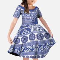 Fiji Marau na Kerisimasi Family Matching Summer Maxi Dress and Hawaiian Shirt Blue Tagimoucia Tapa Masi Tribal LT9 Daughter's Dress Blue - Polynesian Pride
