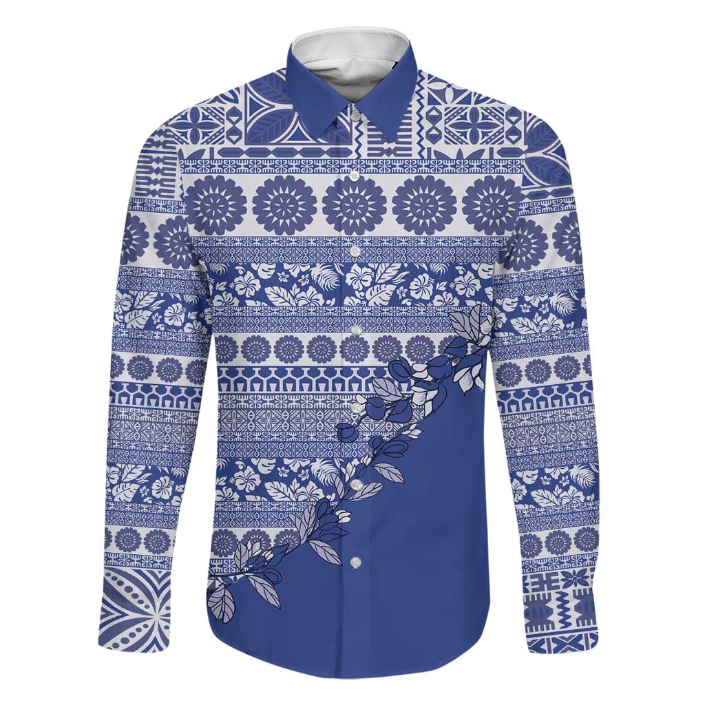 Fiji Marau na Kerisimasi Family Matching Tank Maxi Dress and Hawaiian Shirt Blue Tagimoucia Tapa Masi Tribal LT9 Dad's Shirt - Long Sleeve Blue - Polynesian Pride