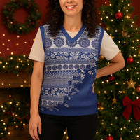Fiji Marau na Kerisimasi Christmas Knitted V-Neck Vest Blue Tagimoucia Tapa Masi Tribal LT9 - Polynesian Pride