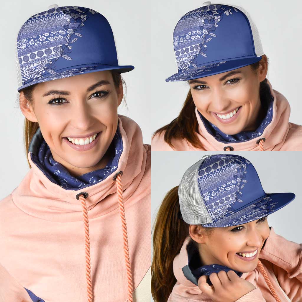 Fiji Marau na Kerisimasi Mesh Trucker Cap Blue Tagimoucia Tapa Masi Tribal - Polynesian Pride