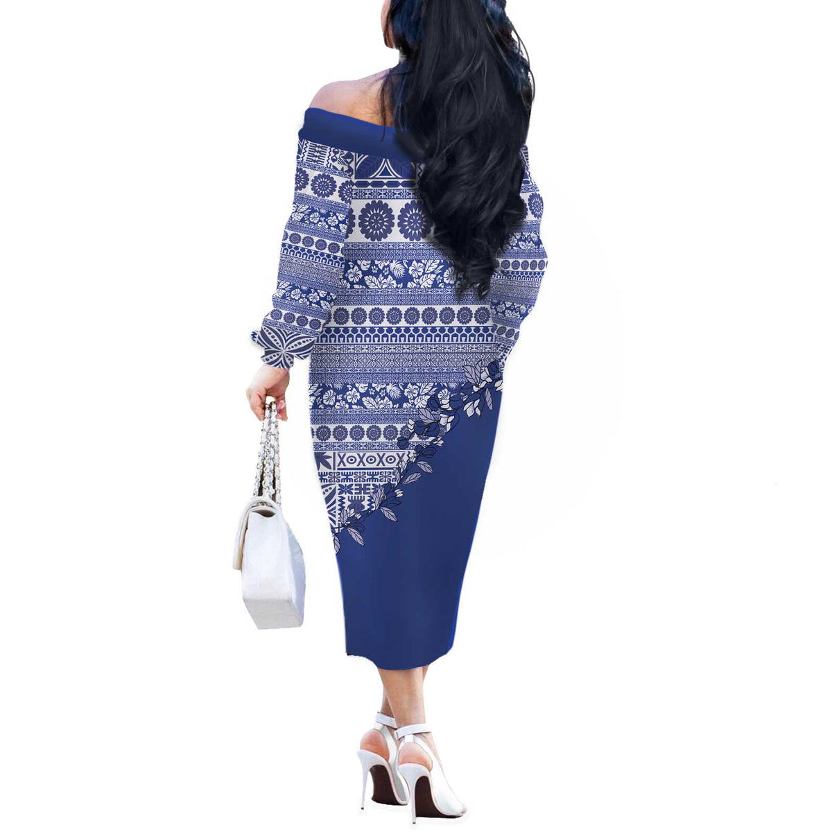 Fiji Marau na Kerisimasi Off The Shoulder Long Sleeve Dress Blue Tagimoucia Tapa Masi Tribal LT9 - Polynesian Pride