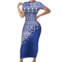 Fiji Marau na Kerisimasi Short Sleeve Bodycon Dress Blue Tagimoucia Tapa Masi Tribal LT9 Long Dress Blue - Polynesian Pride
