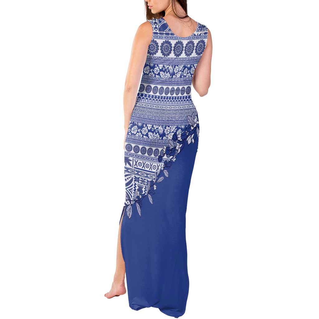 Fiji Marau na Kerisimasi Tank Maxi Dress Blue Tagimoucia Tapa Masi Tribal - Polynesian Pride